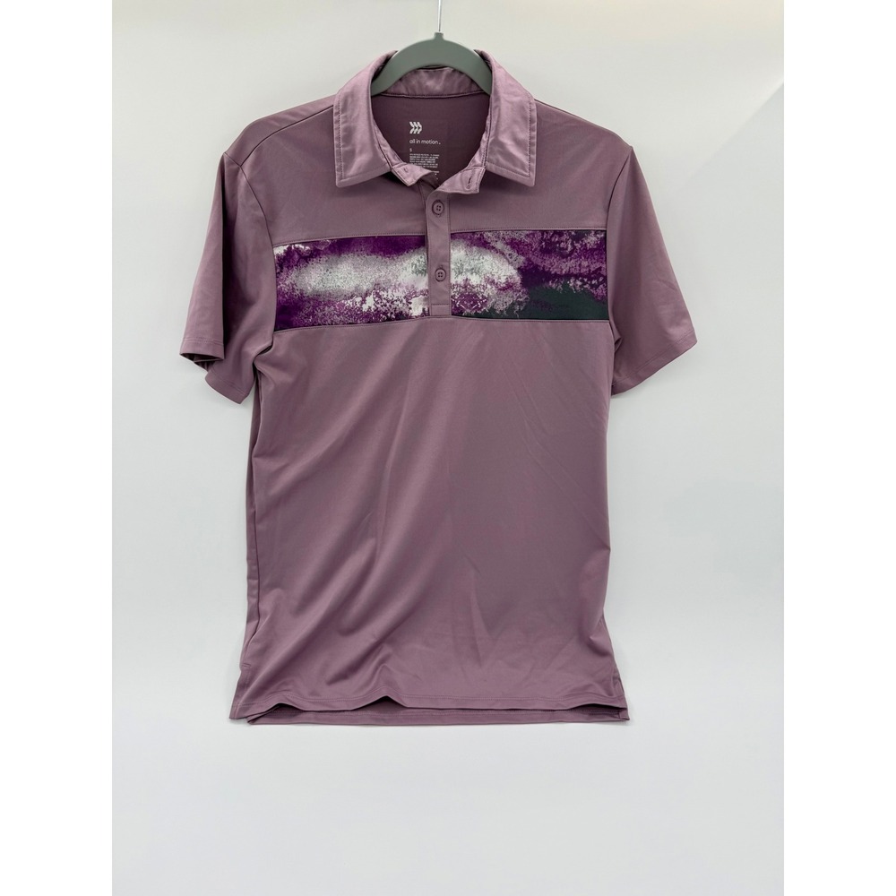 All In Motion Mens Golf Polo Shirt Purple Abstract Stripe‎ No-Roll Collar Small